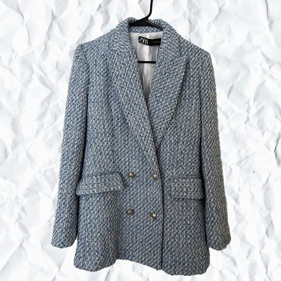 Zara Textured Double-breasted Blazer Blue White 8741/725 - large - Picture 9 of 11